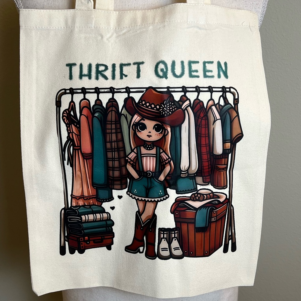 NWOT Thrifting/Thrift Store Themed Graphic Canvas Tote Bag - Picture 2 of 6